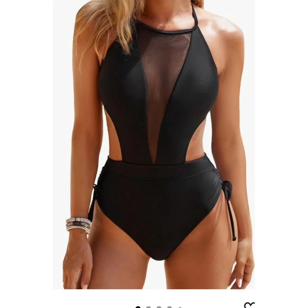 Cupshe One Piece Swimsuit Womens Small Black NWT Mesh Cutout Monokini High Neck
